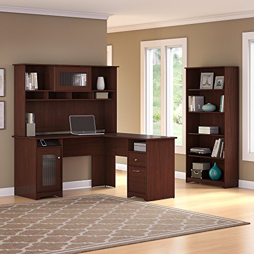 Cabot L Shaped Desk with Hutch and 5 Shelf Bookcase