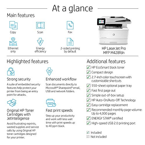 HP LaserJet Pro Multifunction M428fdn Laser Printer (W1A29A) (Renewed)