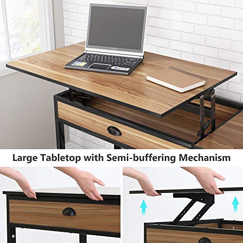 Lift Top Desk with Drawers, 47 inch Computer Desk with Shelves, Height Adjustable Standing Desk with Monitor Riser, Study Table Writing Desk for Home Office (Oak)