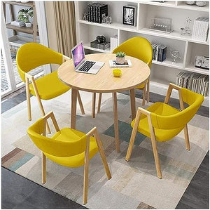 WEBERT Office Reception Room Club Table and Chair Set - Wooden Round Table with 4 PU Leather Chairs (Yellow)