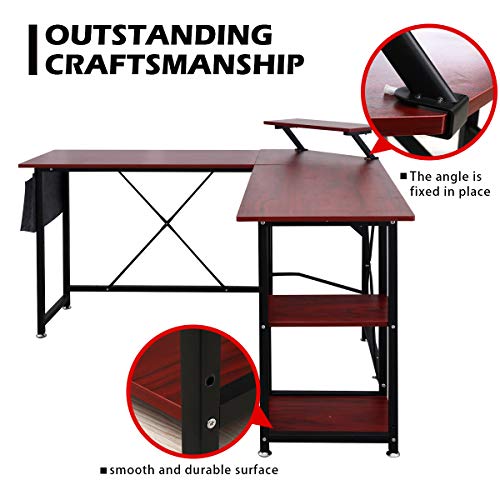 AZGO L Shaped Desk Home Office Desk with Round Corner Computer Desk with Large Monitor Stand Space-Saving Easy to Assemble PC Table Desk Office Writing Workstation for Home Office Bedrooom Wine Red