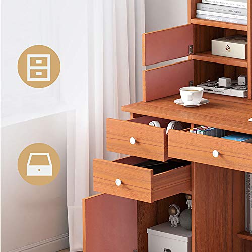 YAOJP 2 In1 Bookshelf Computer Desk, Modern Bedroom Office Writing Desk Computer Workstation with Drawers Large Storage Space Table,Brown,100x45x152cm