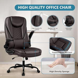 Guessky Executive Office Chair, Big and Tall Ergonomic Leather Chair with Adjustable Arms, High Back, Lumbar Support - Coffee