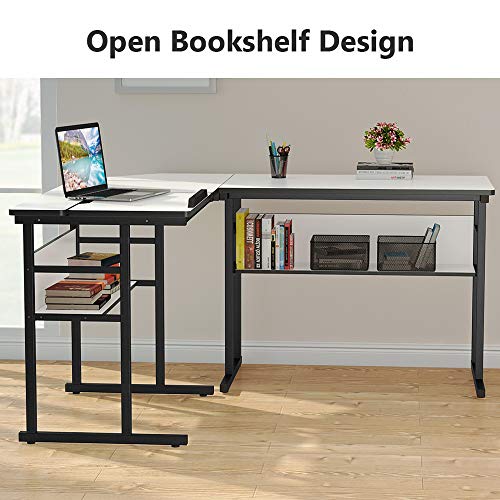 Tribesigns Modern L-Shaped Desk with Bookshelf, 67 inch Double Corner Computer Office Desk Workstation Drafting Drawing Table with Tiltable Tabletop for Home Office (White)