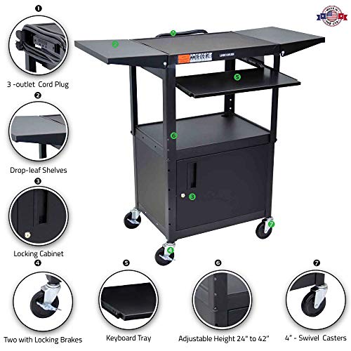Luxor Adjustable-Height Steel AV Cart with Pullout Keyboard Tray Cabinet Drop Leaf