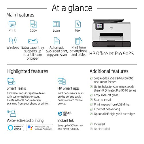 HP OfficeJet Pro 9025 All-in-One Wireless Printer Single-pass (Automatic) Document Feeder and Two Paper Trays  Smart Home Office Productivity  Instant Ink and Amazon Dash Replenishment Ready (1MR66A)
