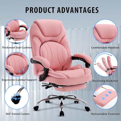 Linting Reclining Office Desk Chair with Footrest and Back Support - PU Leather, Pink, 300lbs - Managerial Executive Chair