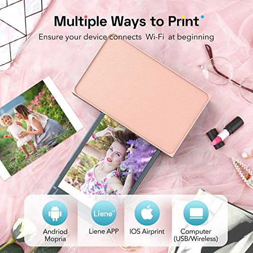 Liene 4x6'' Photo Printer Bundle (100 Sheets +3 Ink Cartridges), Wi-Fi Picture Printer, Photo Printer for iPhone, Android, Smartphone, Computer, Dye-Sublimation, Photo Printer for Home Use, Pink