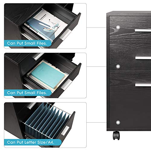 DEVAISE 3-Drawer Wood File Cabinet, Mobile Lateral Filing Cabinet, Printer Stand with Open Storage Shelves for Home Office, Black