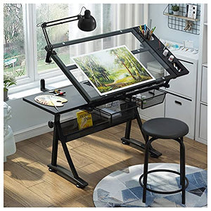 EESHHA Drawing Table Drafting Desk, Height Adjustable Artists Desk with Glass Tabletop and Storage Drawer (Natural Wood Color)