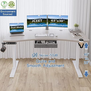 Jceet Electric Standing Desk with Drawer, 63x30 Inches, Adjustable Height Sit Stand Up Desk, Pale Pearwood Top/White Frame