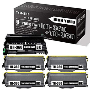 Compatible DR-360 DR360 Drum Unit & TN-360 TN360 Toner Cartridge Replacement for Brother DCP-7030 7040 7045N,HL-2120 2125 2150 2150N, MFC-7040 7345N 7440 7440N Printer Toner (Black,Total 5-Pack)
