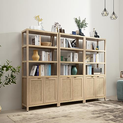 SICOTAS 5 Tier Rattan Boho Bookshelf with Doors - Natural