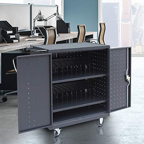 Pearington 24 Device Mobile Charging and Storage Cart for iPads, Chromebooks and Laptop Computers, Up to 15-Inch Screen Size, Surge Protection, Front & Back Access Locking Cabinet