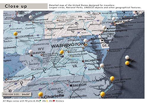 US Travel Map with Push Pins on Canvas - Detailed USA pin map - Large US Wall Map Pin Board - Map of National Parks in United States