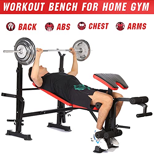 Olympic Weight Bench Adjustable Workout Bench Multifunctional Workout Station with Preacher Curl, Leg Developer for Indoor Exercise (Red)