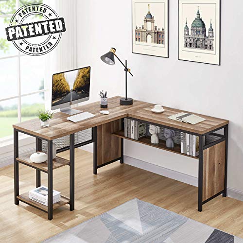 FATORRI L Shaped Computer Desk, Industrial Office Desk with Shelves, Rustic Wood and Metal Corner Desk for Home Office (Rustic Oak, 59 Inch)
