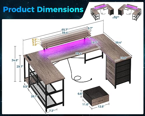 ODK U Shaped Desk with Power Outlets & LED Strip, 66" Reversible L Shaped Desk, Grey Oak