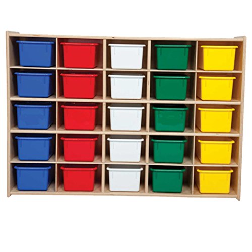 Contender 25 Cubbies Kids Storage Organizer with Assorted Bins, Toddler Friendly Natural Birch Wooden Cabinet for Books, Art, and Craft Supplies [Fully Assembled]