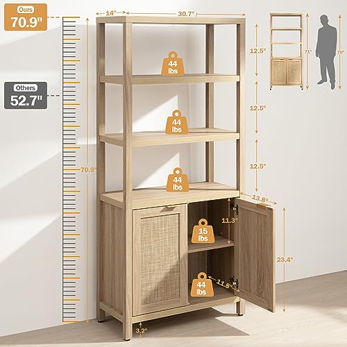 SICOTAS 5 Tier Rattan Boho Bookshelf with Doors - Natural
