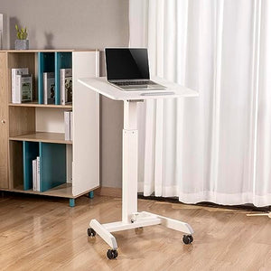 Stand Steady Mobile Podium Desk | Pneumatic Height Adjustment | Tilting Desktop | Rolling Laptop Stand | White