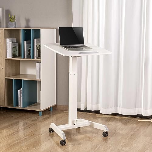 Stand Steady Mobile Podium Desk | Pneumatic Height Adjustment | Tilting Desktop | Rolling Laptop Stand | White