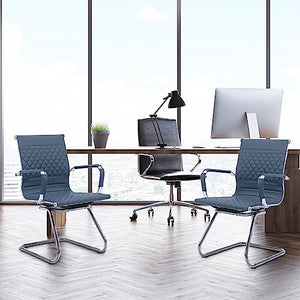 BESTANO Office Guest Chairs Set of 6 - Navy PU Leather, Mid Back