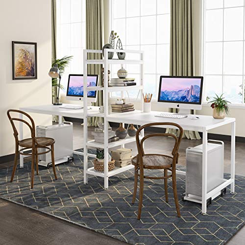 Tribesigns Two Person Computer Desk with Bookshelf, 89 Inches Office Double Desk with 2 CPU Stands, Rustic Writing Desk Workstation Table with Shelves for Home Office for Two Person (White)