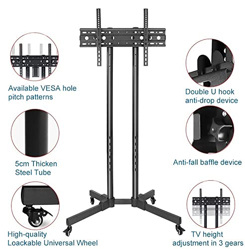 YokIma TV Stand for 55 65 Inch TV, Black Mobile TV Stand On Wheels, Height Adjustable - Holds 110 Lbs