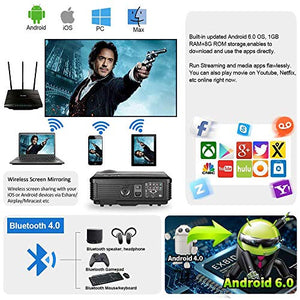 Smart Video Projector with Bluetooth, Wireless WiFi Home Projector Support Full HD 1080p Zoom HDMI USB, LED LCD Projector for Indoor Outdoor Entertainment Laptop Fire TV Stick DVD Player Game Console