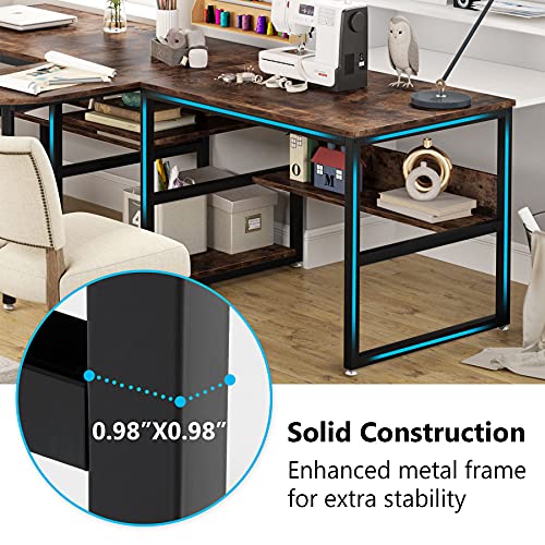 Tribesigns 94.5 inch Two Person Desk with Storage Shelves, Extra Long Computer Desk with Priter Shelf, Double Workstation Office Desk Study Writing Desk with Bookshelf for Home Office (Rustic Brown)