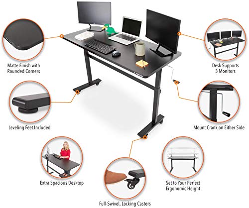 Stand Steady Tranzendesk | 55 Inch Standing Desk with Attachable Wheels| Easy Crank Height Adjustable Sit to Stand Workstation | Modern Ergonomic Desk Supports 3 Monitors (55 / Black)
