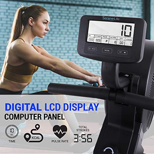 SereneLife Home Rowing Machine-Air and Magnetic Rowing Machine-Exercise Machine for Gym or Home Use-Measures Time, Distance, Stride, Calories Burned-Rowing Machine Cardio Workout for Fitness, Black