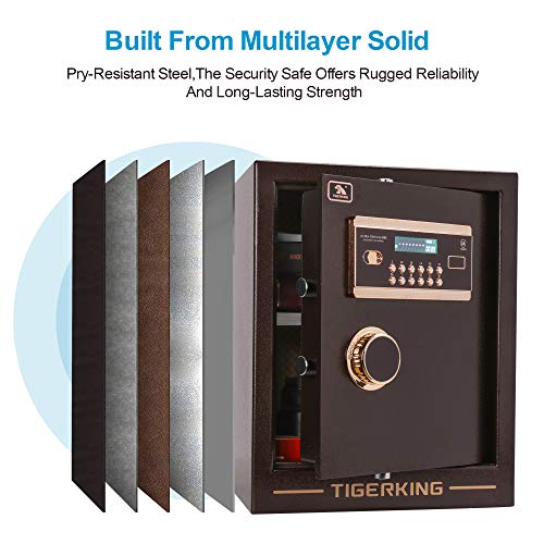 TIGERKING Digital Security Safe Box Solid Alloy Steel Construction with 4 Live-Locking Bolts Password Plus Key Setting for Home Office Hotel 1. 34 Cubic Feet