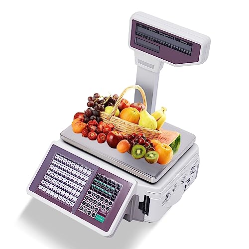 WANLECY Price Computing Scale with Thermal Label Printer and Pole Display - Up to 66lb Weighing Range - Supermarket Use - Mobile APP