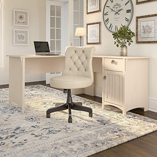 Bush Furniture Salinas 60W L Shaped Desk with Mid Back Tufted Office Chair in Antique White