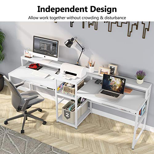 Tribesigns 94.5 inch Double Computer Desk with Storage Shelf, Extra Long Two Persons Desk with Printer Shelf, Large Office Desk Study Writing Table for Home Office (White)
