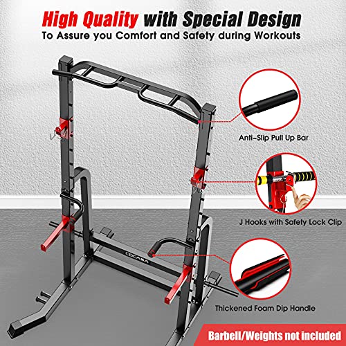 CDCASA Power Squat Rack, Adjustable Exercise Power Cage, Multi-Function J-Hook Power Tower with Pull Up Bar, Strength Weight Lifting Workout Squat Stand for Home Gym Fitness Equipment