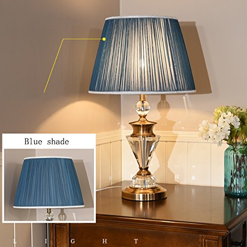 Desk Lamp Full Copper Crystal Table Lamp Retro Living Room Decoration Copper Desk Lamp E27 Study Bedroom Bedside Lamp, Beige/Light Blue Cloth Shade A+ (Color : Light Blue)