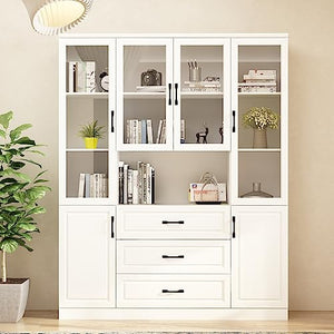 Homsee Tall Bookcase Bookshelf with Storage Shelves, Drawers, Glass Doors - White (63”W x 15.7”D x 78.7”H)