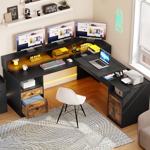 YITAHOME L Shaped Desk with Power Outlets & LED Lights, 60” Corner Computer Desk, Drawers, Lift Top, Monitor Stand, File Cabinet - Black & Brown