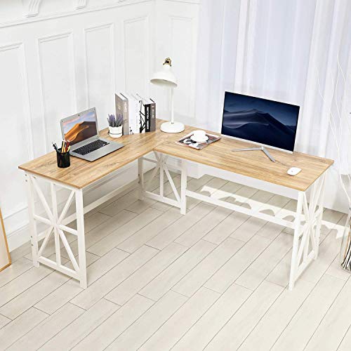 GreenForest Large L Shaped Desk and Computer Desk Bundle, Industrial Gaming Writing Desk Wrokstation Home Office Furniture Set, Oak