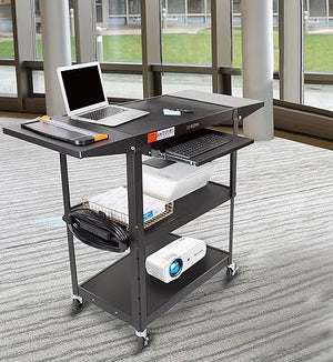 Stand Steady Line Leader Large Metal Utility Cart with Retractable Keyboard Tray | Height Adjustable 3 Tier Rolling Cart | Includes Power Strip & Cord Management | Easy Assembly (34in x 20in x 42in)