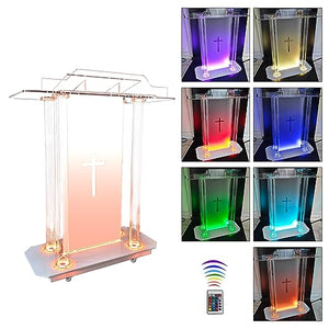 LAYIQDC Transparent Church Pulpit with Hollow Cross Design and LED Acrylic Podium on Wheels