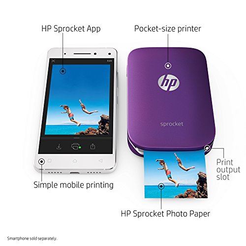 HP Sprocket Portable Photo Printer, Print Social Media Photos on 2x3 Sticky-Backed Paper - Purple (Z9L25A)