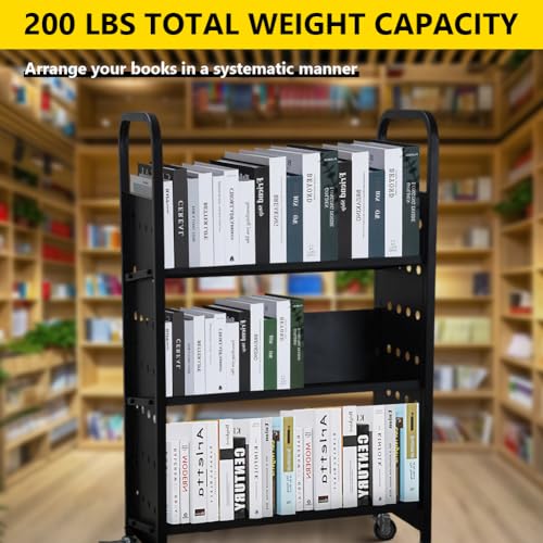 MERXENG V-Shaped Rolling Book Cart, 200LBS Capacity, 30x14x49, Lockable Wheels, Black