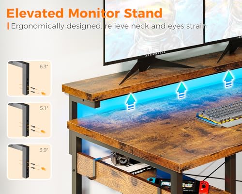 ODK L Shaped Gaming Desk with File Drawers, Power Outlets, LED Lights - 61 Inch Vintage