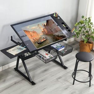 LifeSky Drafting Table Adjustable Art Desk with Glass Top and Stool - Black