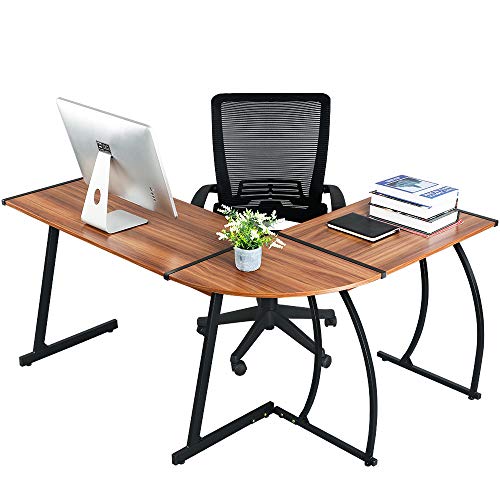 GreenForest L Shaped Gaming Computer Desk 58.1'',L-Shape Corner Gaming Table,Writing Studying PC Laptop Workstation 3-Piece for Home Office Bedroom Living Room,Bright Walnut