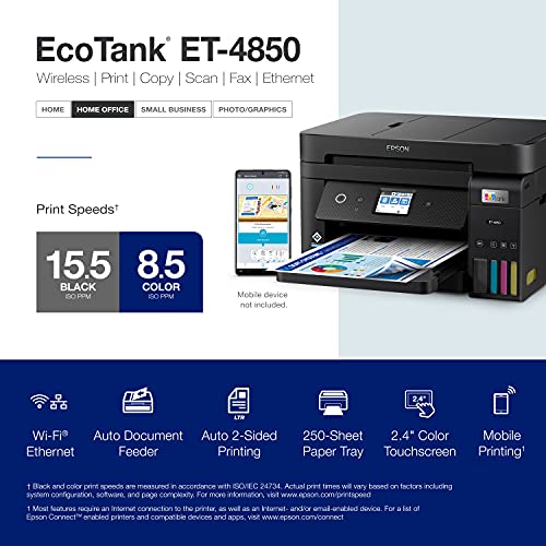 Epson EcoTank ET-4850 Wireless All-in-One Cartridge-Free Supertank Printer with Scanner, Copier, Fax, ADF and Ethernet – The Perfect Printer for Your Office - Black